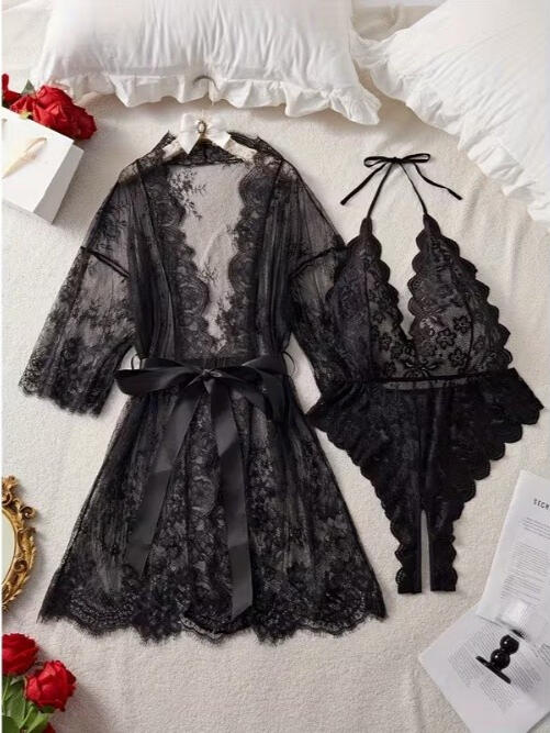 Women's Deep V Lace Bodysuit Set - Size Large - Elegant two-Piece Lingerie